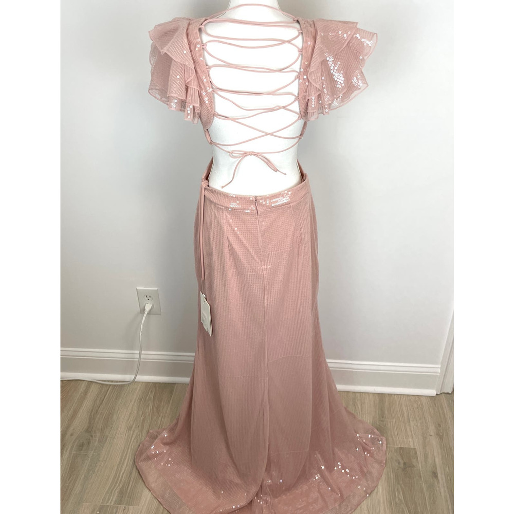 Mac Duggal Sequined Ruffled Cut Out Lace Up Gown In Rose Pink 10829 Size 8 New - Picture 9 of 16